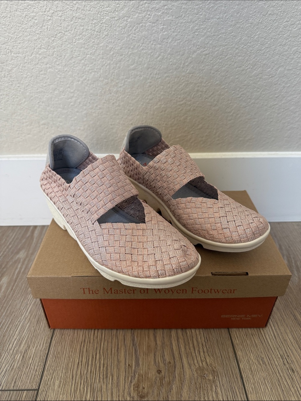 Pink Shimmer Woven Slip-On Wedged Mary Jane’s